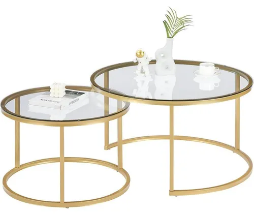 Couchtisch 2er Set Glas mit Metallgestell rund 80x80x45 cm & 60x60x35 cm Gold
