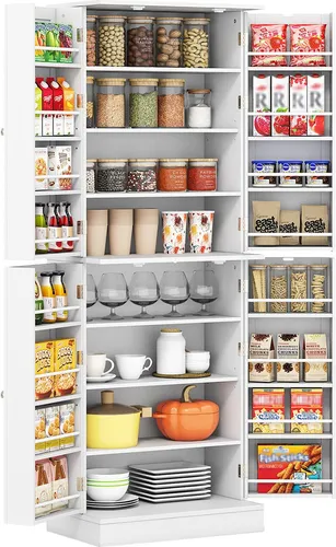 COSTWAY Küchenschrank hoch 170cm, Buffetschrank mit 4 Türen&6 verstellbaren Regalen, freistehender Aufbewahrungsschrank Mehrzweckschran für Küche Weiß