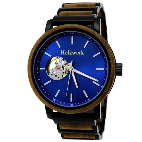 Holzwerk Automatikuhr - Mechanische Herren Designer Uhr aus Edelstahl & Holz - Armbanduhren mit einzigartigem Design aus Edelstahl und Holz, hochwertige mechanische Uhr mit Handaufzug, ideal als Geschenk und inklusive Armbandkürzer.