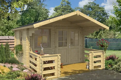 Gartenhaus Holz 28mm NORDIC 4 mit Terrasse und Vordach - Gartenhaus aus nordischer Fichte mit 28 mm Wandstärke, ideal für Gartenliebhaber. Inklusive Fußboden und großzügiger Terrasse für entspannte Stunden im Freien.