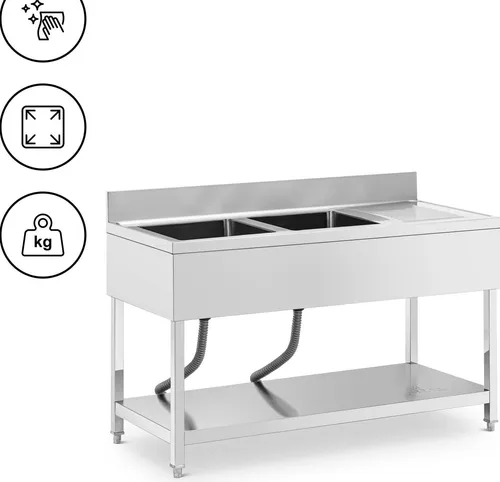 Royal Catering Edelstahlspüle Spültisch 140 x 60 cm mit 2 Becken - Gastro Spültisch aus robustem Edelstahl mit 2 großen Spülbecken (40 x 40 cm) und praktischer Abtropffläche. Höhenverstellbare Füße für sicheren Stand, ideal für Großküchen und Restaurants.