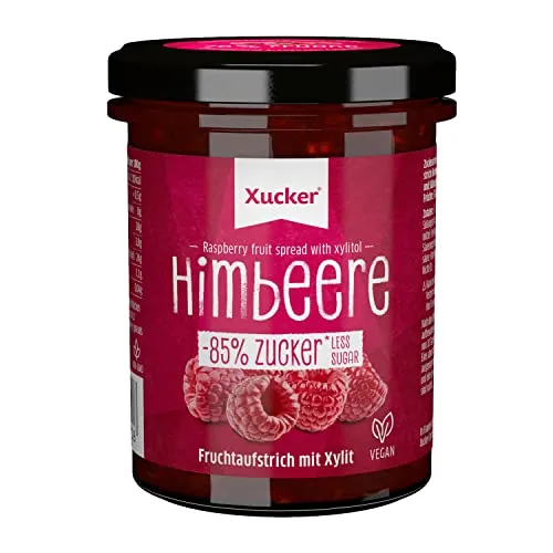 Xucker Fruchtaufstrich Himbeere mit Xylit - Fruchtiger Brotaufstrich Himbeere mit 76% Fruchtgehalt I vegan & zuckerarm 220g