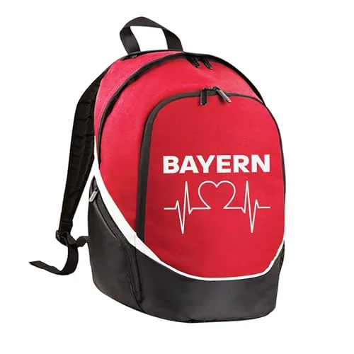 multifanshop Rucksack Bayern Herzschlag - Rot/Schwarz - Klassische Sporttaschen, hochwertiger Rucksack mit Feuchtfach und Kopfhörerausgang, ideal für Bayern-Fans.