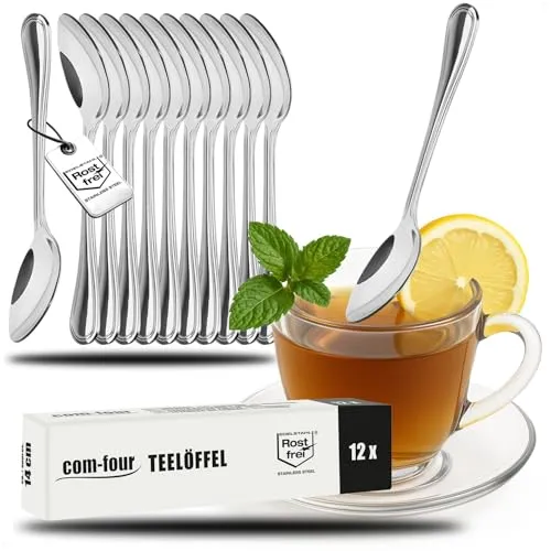 COM-FOUR® 12x Teelöffel aus rostfreiem Stahl - stilvolles Tafelbesteck im schlichten Design - Kaffeelöffel - Dessertlöffel - Teeservice - 14 cm (12 Stück - Teelöffel 14cm)