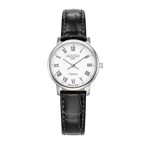 Roamer Classico Ladies, 30 mm, Edelstahlgehäuse, weißes Ziffernblatt, Saphirglas, schwarzes Lederarmband, Zeitlose-Elegante Damenarmbanduhr