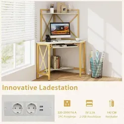 Schreibtisch mit Ladestation Eck Computertisch mit Tastaturablage & 2 Ablagen 113 x 75 x 145 cm Weiß + Gold - Weiß/Gold