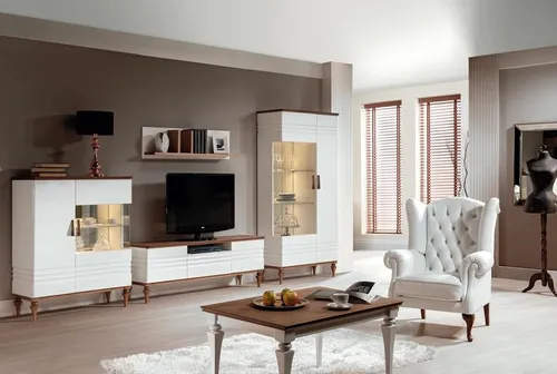 Luxus Wohnwand Garnitur 4tlg – Stilvolles Wohnzimmer Set - Elegante Wohnwand aus Holz und Glas mit LED-Beleuchtung. Ideal für ein modernes Wohnzimmer. Inklusive Regalen und Schubfächern für optimalen Stauraum.