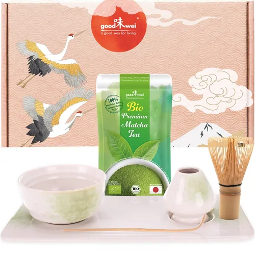 Matcha Set mit BIO Matcha Tee Pulver | Teeschale, Besen, Halter, Tablett | Shiro