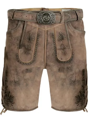 Trachten Lederhose Herren - Bayrische Tracht aus 100% Wildleder - Trachtenlederhose für Herren in nostalgischer Used-Optik, gefertigt aus hochwertigem Wildbockleder für optimalen Tragekomfort und Langlebigkeit. Ideal für Feste und besondere Anlässe.