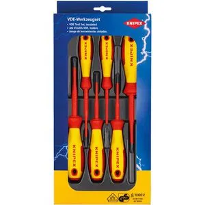 Knipex Schraubendreher Set 00 20 12 V04, 6-teilig für Elektro VDE - VDE zertifiziertes 6-teiliges Schraubendreher-Set mit isolierten Klingen für sicheres Arbeiten bis 1000 Volt. Ergonomische Griffe und reduzierter Klingendurchmesser für tiefere Schrauben.