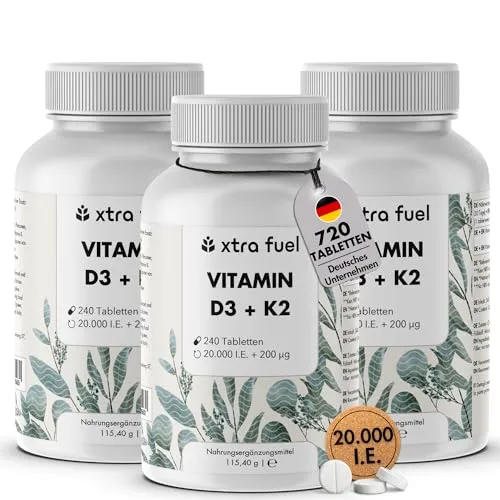 Vitamin D3 K2 20000 IE - Hochdosierte Kapseln für starke Knochen und Immunabwehr - Vitamin D Präparate: 240 hochdosierte Kapseln mit 20000 IE D3 und 200µg K2 MK7, ideal für dein Immunsystem und starke Knochen, vegan und ohne Zusatzstoffe.