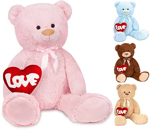 BRUBAKER XXL Teddybär 100 cm Rosa mit einem Love Herz Stofftier Plüschtier Kuscheltier