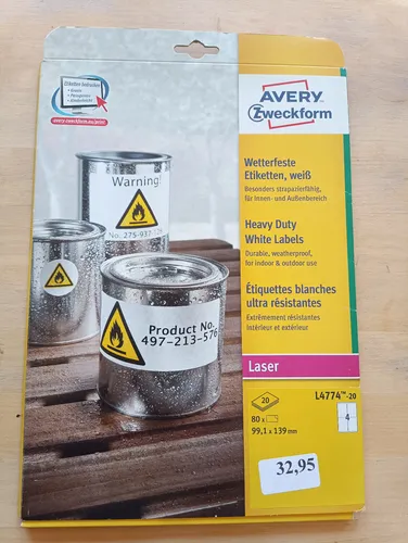 Avery Zweckform L4774-20 weiße Folienetiketten, 80 Stück - Etiketten in A4, matt und selbstklebend, wetterfest und ideal für langlebige Beschriftungen. Perfekt für Kopierer und Drucker, PVC-frei und Made in Germany.
