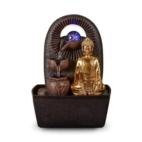 Zen'Light - Zimmerbrunnen Buddha Bhava - Zen-Dekor, Ideal für Meditation & Entspannung - Tischbrunnen mit geschlossenem Kreislauf - Farbwechselnde LED-Beleuchtung, Wasser fließt auf 3 Ebenen - H26cm