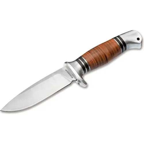 Magnum 02MB726 Leatherneck Hunter Fahrtenmesser – Unisex, braun, 22,6 cm - Taschenmesser mit klassischem Lederscheibengriff und 11 cm Droppoint-Klinge aus rostfreiem 440A-Stahl, ideal für Jäger und Outdoor-Enthusiasten. Hygienisch mit waschbarer Nylonscheide ausgestattet.