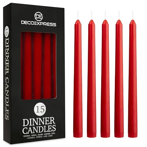 DECO EXPRESS Stabkerzen Set 6er, 10, 15 oder 50er, Lange Brenndauer bis zu 8 Std, Geruchslos(Rot, 15-er Set)