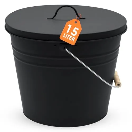 Zink Ascheeimer Oval mit Holzgriff und Deckel 15 L - schwarz - Metall Eimer für vielseitige Nutzung: ideal als Pflanzeimer, Eiskübel oder Gartendeko - inkl. fixierbarem Deckel für praktischen Transport.