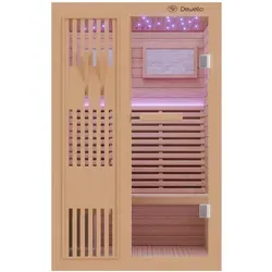 Dewello Finnische Sauna MINTO 120x120 - Luxuriöse Sauna aus Hemlock Tannenholz mit 3,5 kW Harvia Ofen, ideal für Ihr Zuhause und perfekt für Entspannung und Wellness.
