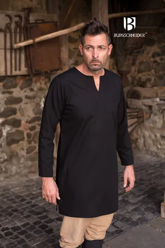 Mittelalter Untertunika Leif Schwarz XL - Campingausrüstung für authentische Mittelalter-Looks, aus 100% grober Baumwolle für hohe Komfort und Authentizität.
