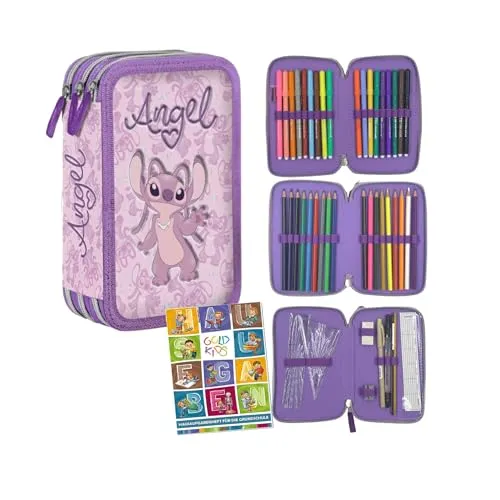 PASO Federmäppchen 3 Fächer - Mäppchen für Mädchen - Stitch - Federmäppchen mit 3 Fächern, gefüllt mit 24 Schreibwaren, robust und langlebig, ideal für kreative Schüler und eine organisierte Aufbewahrung.