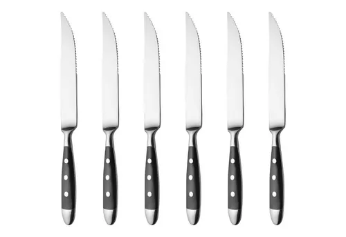 Gräwe Steakmesser Nürnberg schwarz, 11 cm Edelstahlklinge - 6er Set - Steakmesser aus schwerem Edelstahl mit Wellenschliff für perfekte Schneideleistung. Pflegeleicht und spülmaschinengeeignet, ideal für Grillabende und Festlichkeiten.