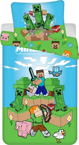 Minecraft Zweiseitig Kinder Bettwäsche Set 140x200 cm - Bettwaren-Set für Kinder aus 100% Baumwolle, mit praktischen Reißverschlüssen und Öko-Tex Standard 100. Ideal für einen kuscheligen Schlaf und ein farbenfrohes Kinderzimmer.