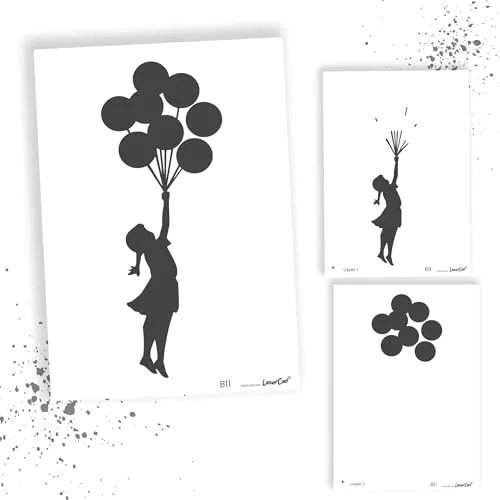 LaserCad Schablonen BANKSY Streetart (B011, Flying Baloon Girl (2 layer), DIN A4) Stencil für Graffiti, Airbrush, Kunst, Deko, zum Malen