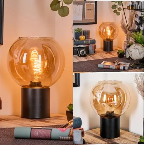 HOFSTEIN Tischleuchte Koyoto, Tischlampe aus Metall/Glas in Schwarz/Bernstein, Leuchte im Retro/Vintage-Design, Ø 20 cm, Schalter am Kabel, E27, Wohnzimmer, Schlafzimmer, Esszimmer, Flur, Büro