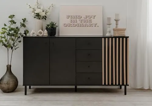 möbelando Sideboard >Monza< 2 Türen, 4 Schubladen, 2 Böden, 3D-Lamellen-Optik, in schwarz/Dekor Artisan Eiche - 160x90x40cm (BxHxT)