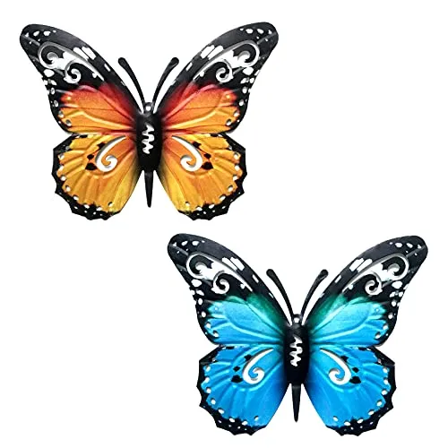 YOUDALIS 2 Stücke Metall Schmetterling Wand Kunst, 3D Schmetterlinge Wanddeko,Bunt Schmetterling Skulptur Hängende Ornamente für Garten Terrasse Outdoor Zaun