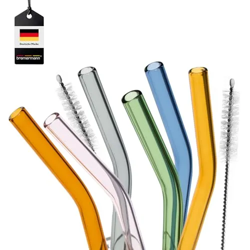 bremermann 6er Set Glas-Trinkhalme, Cocktail-Set, verschiedene Längen, wiederverwendbar, transparent oder bunt, gebogene Form, inklusive 2 Reinigungsbürsten (bunt, 15 cm)