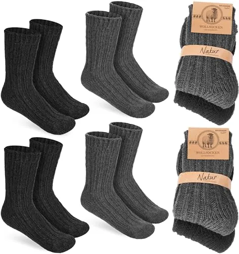 BRUBAKER 4 Paar Kinder Wollsocken - Warme Wintersocken für Jungen und Mädchen - Flauschiges Socken Set mit Schafwolle - Winter Kindersocken - Schwarz und Anthrazit - Größe 27-30