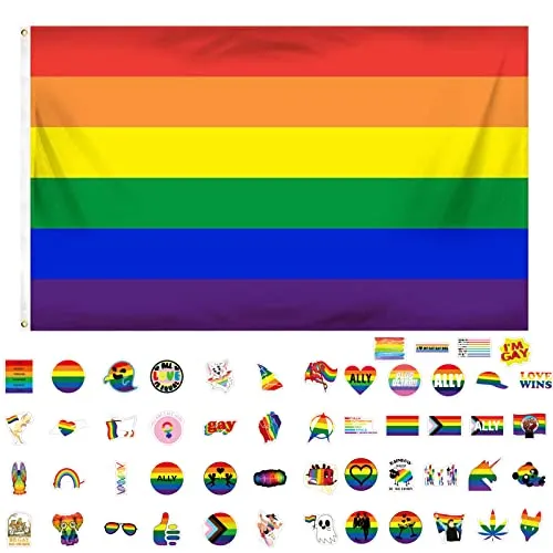 GoldRock LGBTQ Flagge Pride Flag Sticker Set, Regenbogen Flagge 150x90 cm+50 Stück LGBTQ Sticker, Progress Pride Flaggen, Lesbian Gay Flag,Regenbogenfahne, Regenbogenflagge mit 2 Messingösen