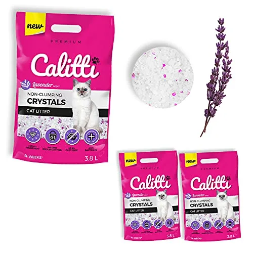 Calitti - Silikat Katzenstreu | Premium Crystals Silikatstreu | Antibakteriell Katzensand mit frischem Lavendelduft | 2-er Set 2 x 3,8 L = 7,6 L
