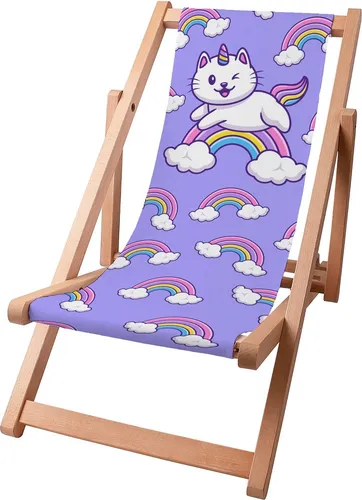 Dreamroots Kinder Liegestuhl klappbar Holz, bis zu 130 kg, Sonnenliege klappbar mit 3-stufiger Neigungsregulierung der Rückenlehne, Cat Unicorn