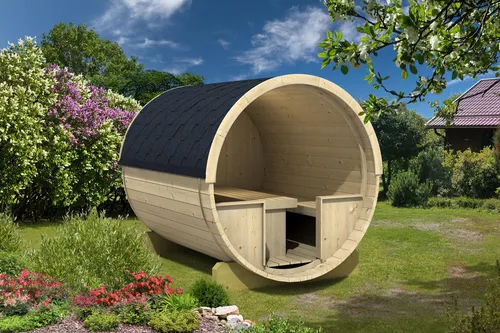 Camping Fass Modell Dining - Bausatz aus hochwertigem nordischem Fichtenholz für gemütliche Stunden im Freien. Mit stabilen Standfüßen und edler Innenausstattung bietet es optimalen Komfort und Langlebigkeit.