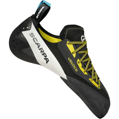 Scarpa Veloce Lace Kletterschuh schwarz/gelb (46) - Veganer Kletterschuh mit außergewöhnlichem Grip, ideal für Indoorbouldern. Die breite Zehenbox und das innovative DTS-Spannsystem bieten Komfort und perfekte Kraftübertragung für lange Sessions.