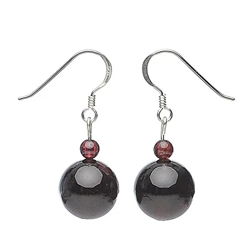 Ohrringe Ohrhänger echter Granat Kugel 12mm & 925 Silber dunkelrot weinrot glatt