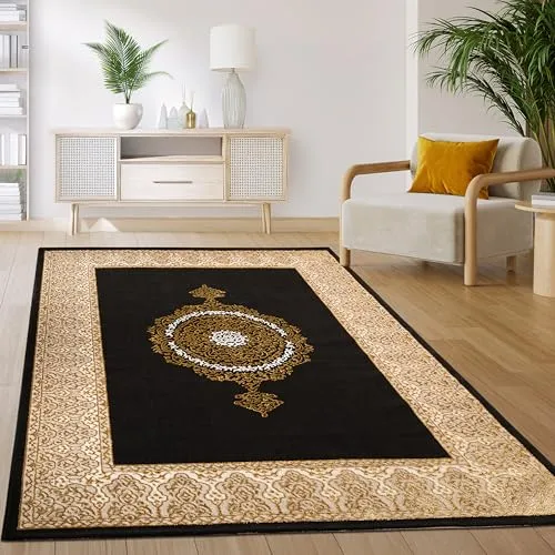 Paco Home Teppich Kurzflor Vintage Orientalisch Schwarz Gold 160x220 cm - Teppich für Wohnzimmer und Schlafzimmer, maschinell gewebt aus 100% Polyester, ideal für Fußbodenheizung und mit stilvollem abstraktem Muster.