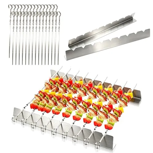 Viechoes 30er Set Grillspieße Edelstahl mit 2er Set Grillgestell für 9 Spieße, 40cm Schaschlikspieße Flach, Rostfreie Fleischspieße für Grill BBQ, Ideal für Schaschlik, Kebap und Gemüse,grill zubehör