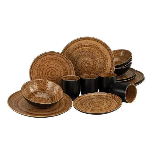 CreaTable 23365 Serie Villa Romana - Terra, 16-teiliges Geschirrset - Tafelservice aus hochwertigem Steingut, spülmaschinen- und mikrowellengeeignet. Jedes Stück ein Unikat mit einzigartigen Mustern und langlebiger Qualität, ideal für jeden Anlass.