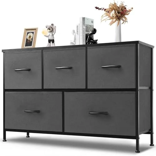 DUMOS Kommode mit Schubladen - Kommoden & Sideboards für Schlafzimmer Geeignet, Komodenschrank mit 5 Schubladen, Stoffkommode mit Stabilem Stahlrahmen, Ideal für Schlafzimmer, Wohnzimmer (Grau)