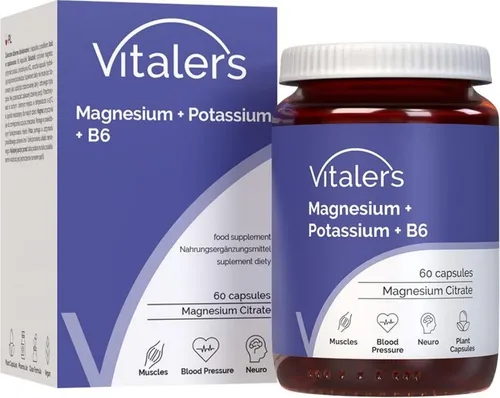 Vitaler's Magnesium 100 mg + Kalium 150 mg + Vitamin B6 6 mg – 60 Kapseln, Vegan, Reine Zusammensetzung, Ohne Zusatzstoffe