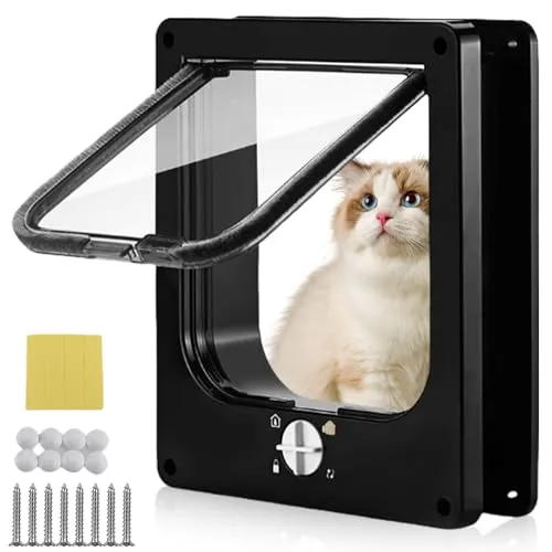 GOEDCH Katzenklappe 4 Wege Magnet-Verschluss: Haustiertür Mit Geräuscharmem Design, Einfache Installation Katzentür Haustiertür Für Innen- Und Außentüren, Wand/Holztür (XL, Schwarz)