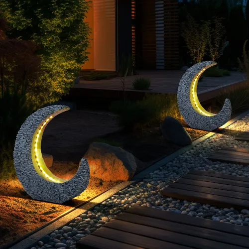 Gartendeko Solarlampen für Außen – Mondsichel Stein Optik Grau Gold, 2er Set - Lampen für Außen: Diese stilvollen Solarlampen im Mond-Design schaffen mit warmweißem Licht eine gemütliche Atmosphäre auf Ihrer Terrasse oder im Garten. Perfekt für Tischdeko, wetterfest mit IP44.