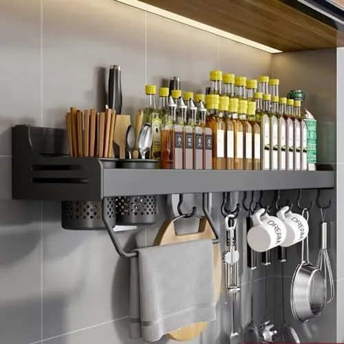 COITROZR Gewürzregal,Küchenregal Wand ohne Bohren,Gewürzregal Hängend Mit 6 Haken & 2 Hängebecher Anhebbares,Küchen Organizer Wandregal Regal,küchenutensilienhalter,40cm Schwarz