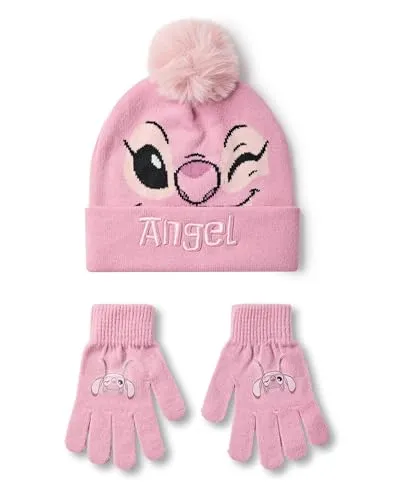Disney Lilo & Stitch Mädchen-Beanie-Mütze und Handschuhe-Set | Rosa gestrickte Wintermütze mit Engelsgesicht | Bommelmütze für Kinder in Einheitsgröße mit Handschuhen mit Wärmeübertragungsdruck