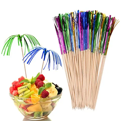 Cozlly 100 STK Cocktail Sticks Bunt, 15cm Cocktail Picks Feuerwerk, Cocktail Party Dekoration, Palme Cocktail Picks, Cocktailspieße Holz, Cocktail Dekoration für Früchte Kuchen Hochzeitsfeier Bar