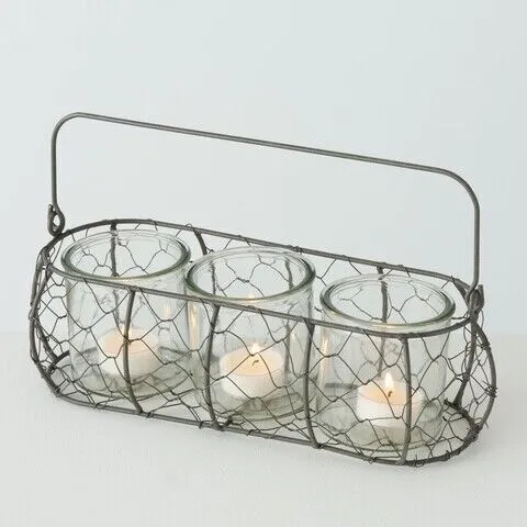 Windlicht Korb aus Eisen  mit Glaseinsatz 4 tlg H 10 cm