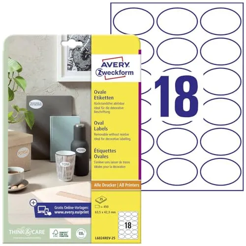 AVERY Zweckform L6024REV-25 ovale Etiketten (zum Bedrucken, selbstklebend, 63,5x42,3 mm, A4, 450 Aufkleber auf 25 Blatt, wieder haftende Klebepunkte zum Kennzeichnen von Unterlagen, Produkten) weiß